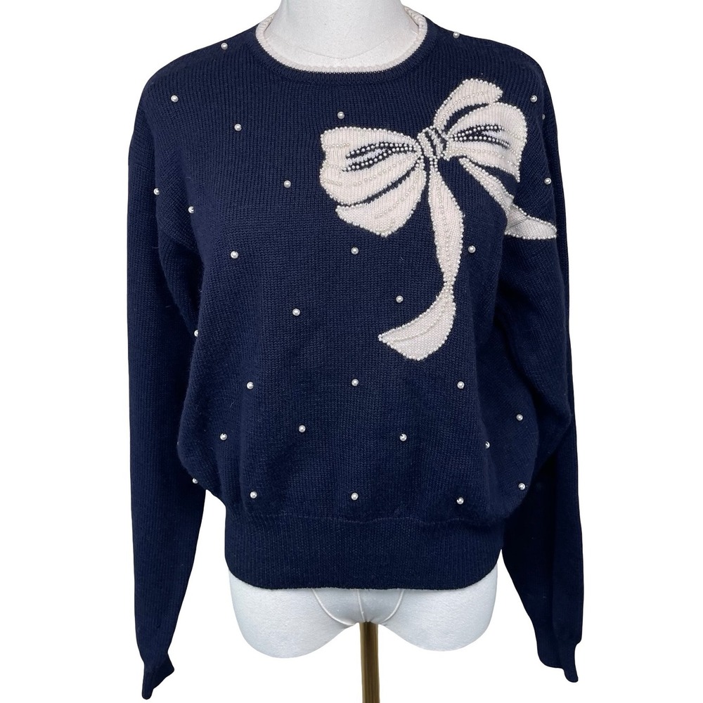 Vintage Liz Claiborne Bow Sweater Women M Navy Pearl Embellished Merino Wool